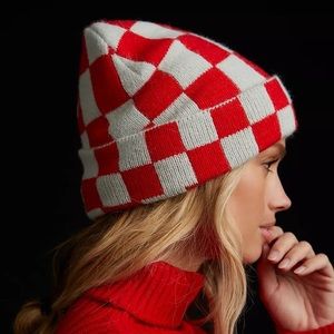 NWT Anthropologie red and light blue / grey (ish) checkered beanie by Maeve